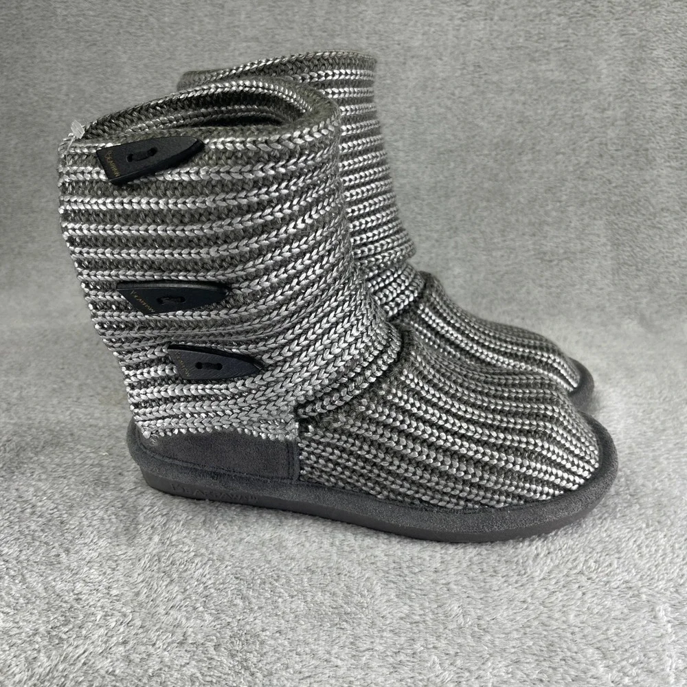 Bearpaw Boots Women 7 Gray Knit Tall Toggle Button Suede Trim Sparkle
